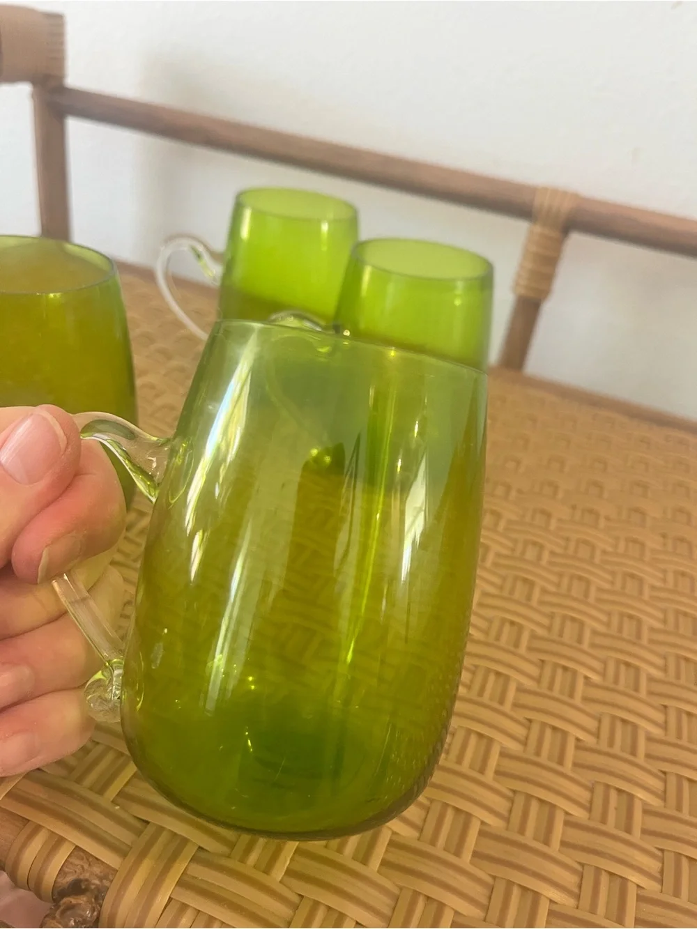 Vintage Mid-Century Modern Hand Blown Glass Supplied Handle Mugs Set Of Six